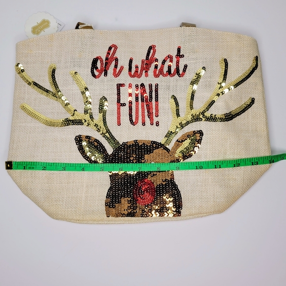 Mud pie Jute Sequin Holiday Reindeer Tote, Gift Bag, Leather Straps, Oh What Fun - Picture 10 of 11